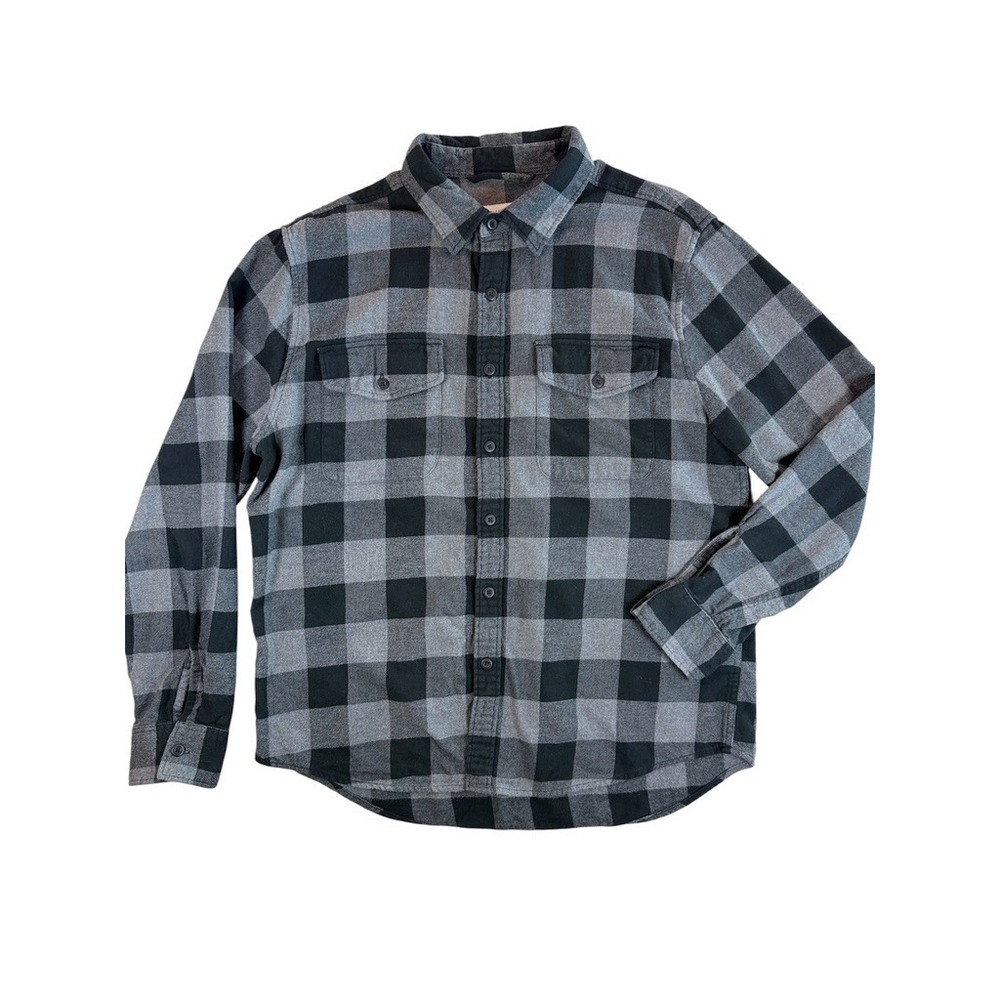 American Eagle Flannel Shirt Mens L Gray Black Buffalo Plaid Long Sleeve 6437